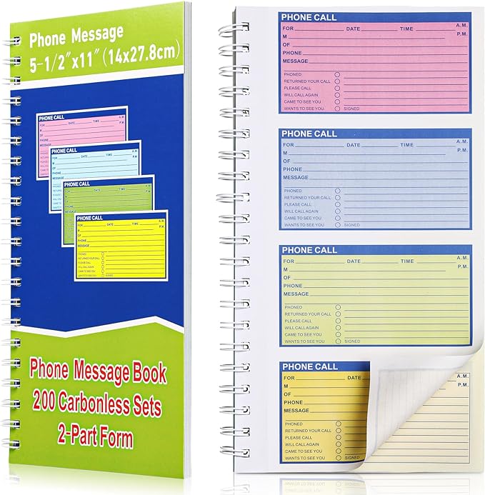 Sinmoe 1 Pcs Spiral Bound Phone Message Book with Carbon Copy 5-1/2" x 11" 2 Part Colorful Carbonless Telephone Message Pads Duplicate Spiral Phone Call Log Book for Business Office (Green,Blue)