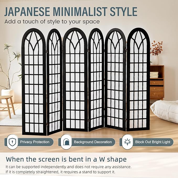 Aletheiawu Room Divider and Folding Privacy Screen, 6 Panel Japanese Shoji Style Room Divider, Partition Divider for Room Separation, Portable Decoration Screen for Home Office Restaurant - Black