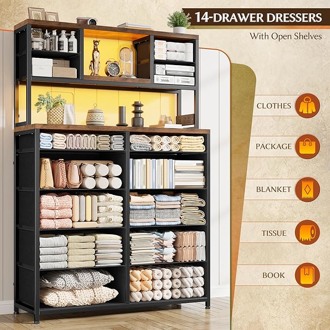 EnHomee 62.8" H Dresser for Bedroom with Multiple Drawers,Fabric Dresser with Charging Station and LED Lights,Dressers & Chests of Drawers for Bedroom, Steel Frame & Wooden Top,Rustic Brown