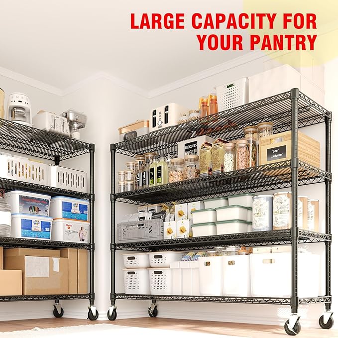 MilleLoom 72" H X 59 W X18 D Storage Shelves with Wheels, 4 Tier Wire Shelving Adjustable Metal Shelving Shelves Capacity 2640LBS Heavy Duty Shelf for Garage Shelving, Pantry, Kitchen, Commercial