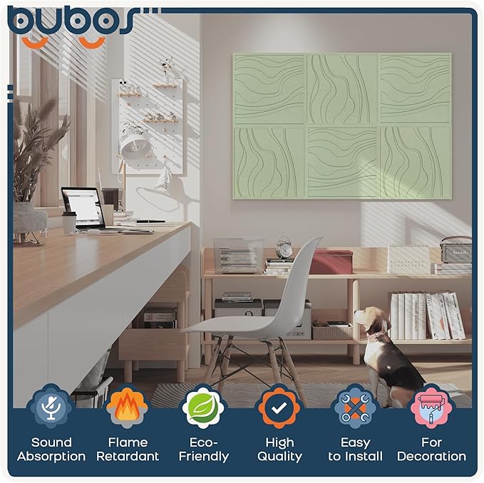 BUBOS 6 Pack Large Acoustic Panels,Total Size 24 x 24Inches Soundproof Wall Panels,Decorative Sound Panels,Self-Adhesive Acoustic Wall Panels for Recording Studio, Home&Office (Green, 6 Pcak)