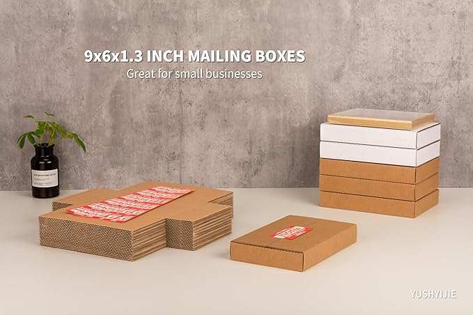YUSHYIJIE 9x6x1.3 inch Small Shipping Boxes, Multi-Depth Flat Cardboard Boxes with Fragile Stickers for DVD Shipping, Packing, Moving, Storage, Brown, 25 Pack