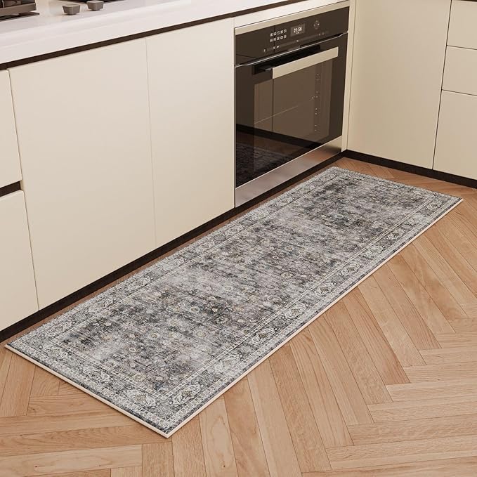 Rugcomf 2x5 Rug Runner -Vintage Machine Washable Kitchen Rug, Non-Slip Low Pile Boho Carpet for Hallways, Laundry, Entryway, Bedroom, Bathroom - Grey