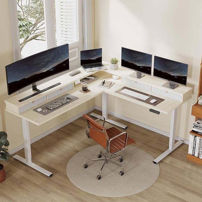 FLEXISPOT 71" L Shaped Standing Desk Electric Corner Table with Shelf, 4 Storage Drawers, Adjustable Computer Workstation for Home, Office, Game, Studio,Light Maple Top + White Frame