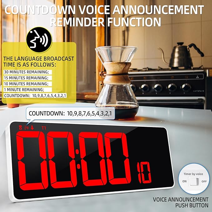 KMMKGG 13.7”Digital Timer Large LED Screen displays（5'' Number）,The Date time, Remote Control, Turn on/Off 10 Seconds Countdown Voice Notification, for Chefs,Students, Children, Seniors