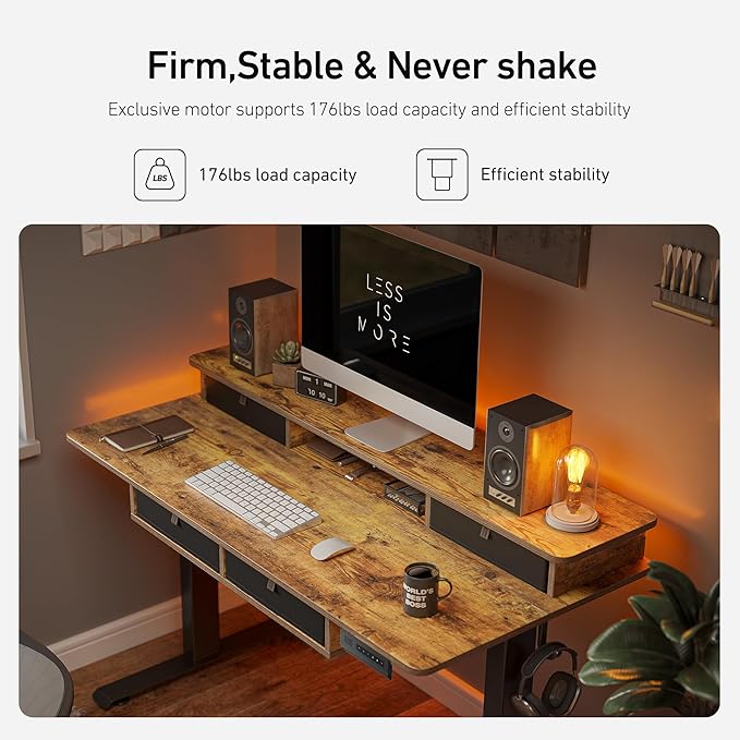 FEZIBO 48'' x 24'' Electric Standing Desk with 4 Storage Drawers, Adjustable Height Computer Table with Monitor Shelf, Stand Up Desk for Study, Gaming, Workstation, Rustic Brown Top