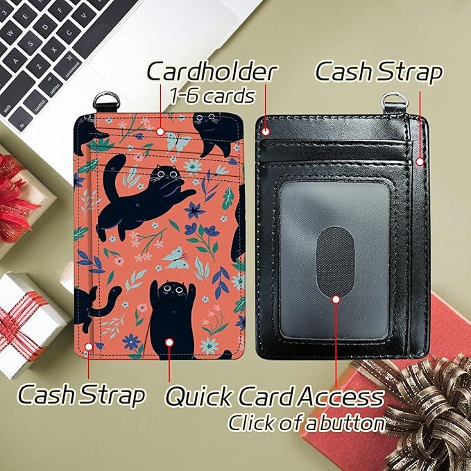 BWEGRHE Small Travel Wallets, Black Cat Flowers Slim Minimalist Front Pocket Wallet with Wristlet, RFID Blocking PU Leather Credit Card Holder with ID Window Change Purse for Men Women
