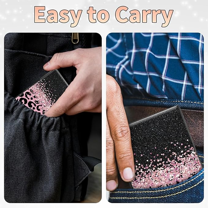 BWEGRHE Slim Credit Card Holder, Pink Glitter Leopard RFID Blocking Metal Wallet for Men & Women, Aluminum Minimalist Hard Case Pocket-Sized Business Cards Organizer (Fits Up to 10 Cards)