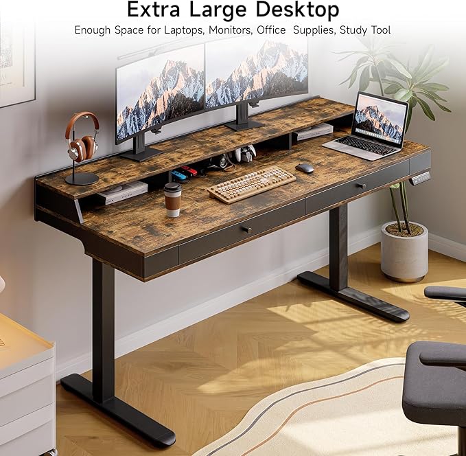 Standing Desk with Drawers, 47x23.6" Whole Piece Electric Stand Up Desk with Storage Shelf and Memory Controller, Sit Stand Desk Adjustable Height from 28-46" for Computer Workstation, Rustic Brown