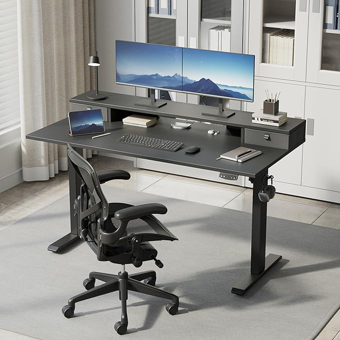 Klicelor 48 Inch Electric Standing Desk with Drawers, Adjustable Height Small Sit Stand Desk for Home Office, Compact Computer Workstation with Storage– Black