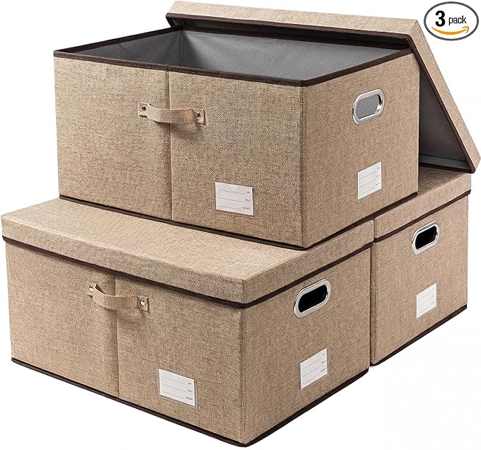 PRANDOM Storage Bins with Lids [3-Pack] Jute Fabric Foldable Storage Boxes Organizer Containers Baskets Cube with Cover for Home Bedroom Closet Office Nursery khaki（23.4X15.9X11.5