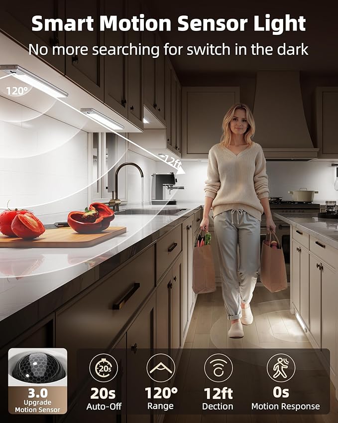 EZVALO 5 Pack Under Cabinet Lighting, 3200mAh Rechargeable Motion Sensor Light, 12inch Magnetic Closet Lights with Dimmable & 3 Color Temps, Wireless Motion Activated Lights with Remote for Kitchen