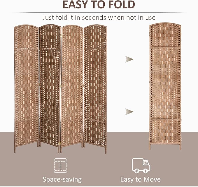 HOMCOM Room Divider, 4 Panel Folding Privacy Screen, 6FT Tall Portable Wicker Weave Partition Wall Divider for Bedroom, Home Office, Natural