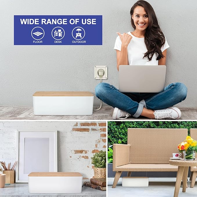 Cable Management Box - Wooden Style Cord Organizer Box to Hide Wires & Power Strips | Desk Computer Cable Organizer Box | Safe ABS Material | 12.6" (L) x 5.3" (W) 4.9" (H) | for Home & Office - White