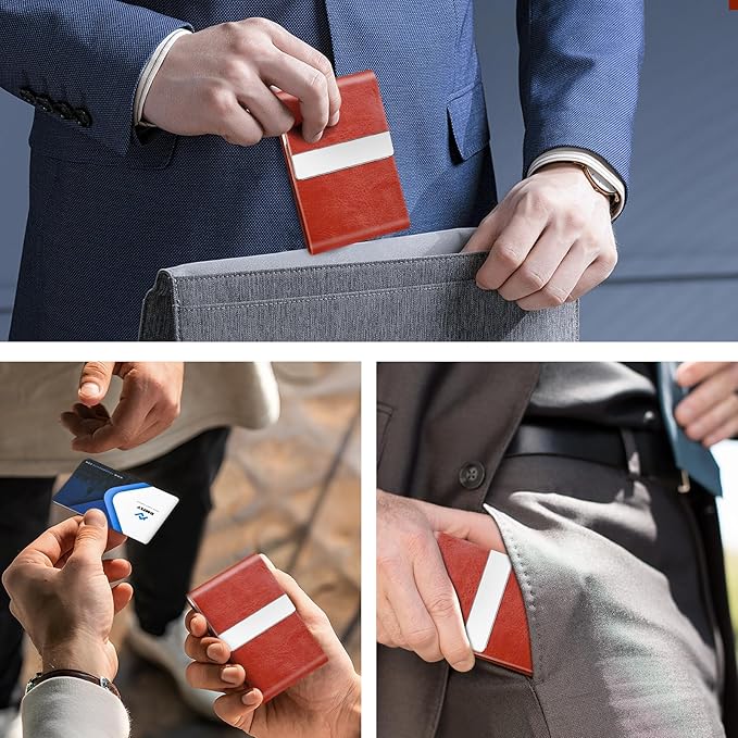 Business Card Holder for Women or Men, Business Card Case with PU Leather and Stainless Steel, Slim Metal Case with Magnetic Closure for Business Meeting Use