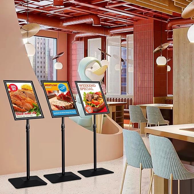 VAIIGO 3 Packs Heavy Duty Pedestal Poster Sign Stand, 11"x17" Adjustable Floor Standing Sign Holder with 6.6Lbs Solid Steel Base for Vertical and Horizontal View Sign Displayed Stands, Black