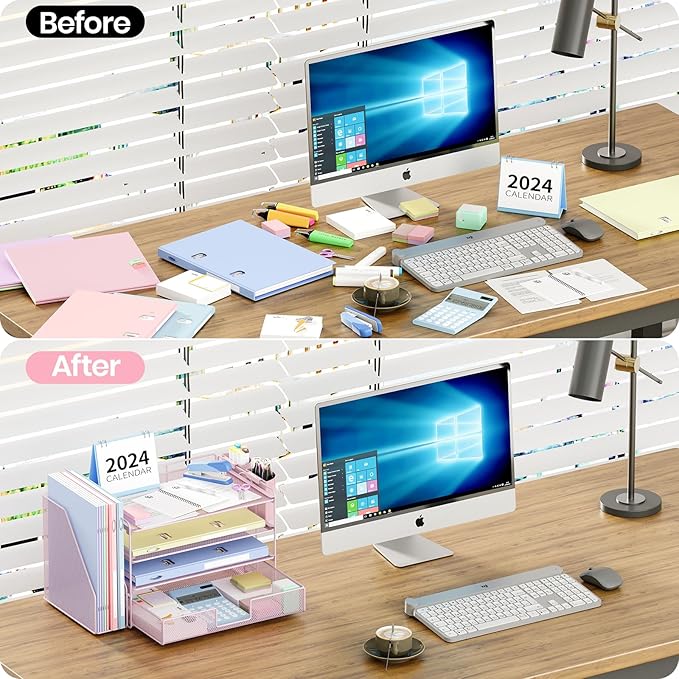 OPNICE Desk Organizer, 4-Tier Desktop File Organizer with Drawer and 2 Pen Holders, Office Desk Accessories, File Sorters, Workspace Organizers for Office Supplies(Pink)