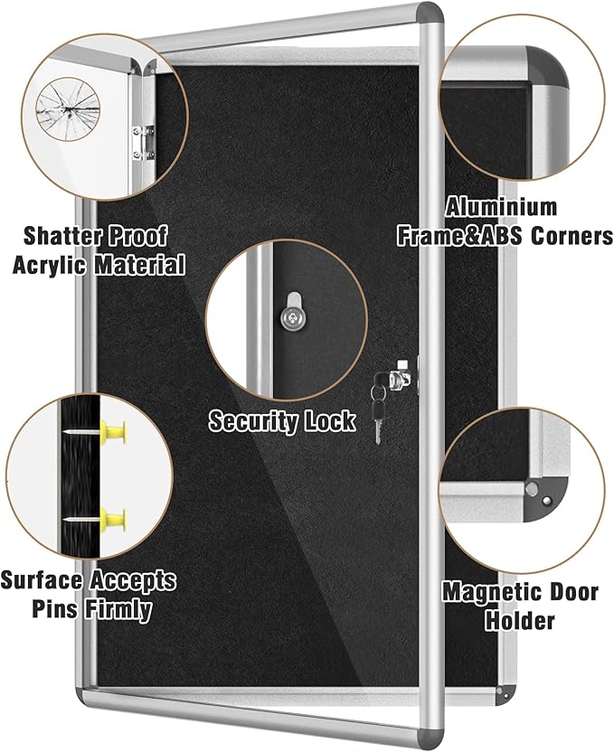 Mifuro 36"x24" Enclosed Bulletin Board, Lockable Weather-Resistant Aluminum Cork Noticeboard for School & Office, Silver Frame w/Black Flet