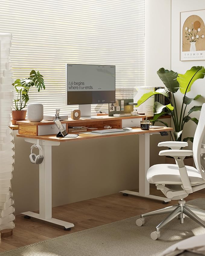 FEZIBO 40 x 24 Inch Height Adjustable Electric Standing Desk with Double Drawer, Stand up Home Office Computer Desk with 4 Height-Adjustable Feets & 2 Hooks, Light Rustic