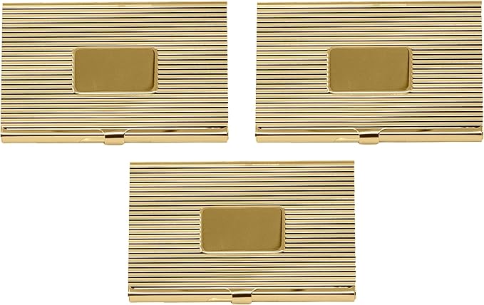 Stephanie Imports Set of 3 Slim & Minimalist Metal Business Card Holder Unisex Case (Gold Plate Ridges)
