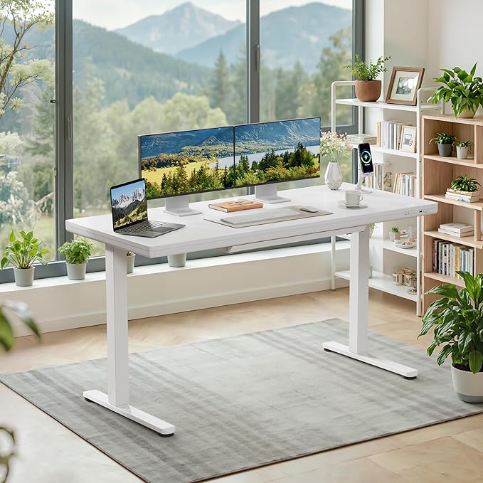 Furmax Electric Standing Desk with Drawers, Adjustable Height Home Office Sit Stand Desk with One-Piece Desktop & USB Charging Port for Computer Desks (White Desktop, 55 Inch)
