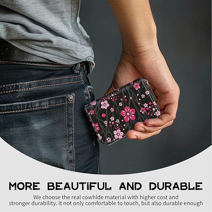 BWEGRHE Cute Credit Card Holder with Zipper, Pink Cherry Blossom RFID-Blocking Card Case Small Wallet for Women Men, Multi-slot Card Organizer Case Travel Accordion Wallet