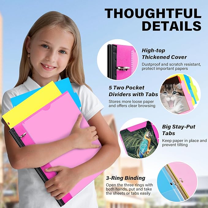 WOT I Telescoping Project Organizer 2-Pack, Refillable Binder with Dividers and Pockets, 13 Pocket Folders, 1 Inch 3 Ring Binder, Pink