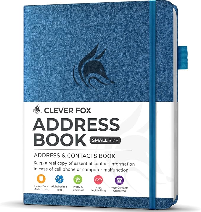 Clever Fox Address Book with alphabetic tabs - PU Leather Telephone and Address Book for Keeping Contacts Safe, Contact Organizer Journal, Small Size (4.0″ x 5.5″), Hardcover, Mystic Blue