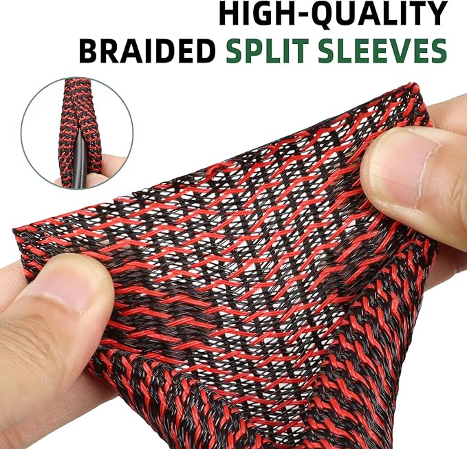Split Wire Loom Tubing, Cable Protector Sleeve, Braided Cable Management for TV/Computer/Home Theater/Engine Bay, Cord Protectors from Pets No Chew (Red and Black, 1/2"-25ft)