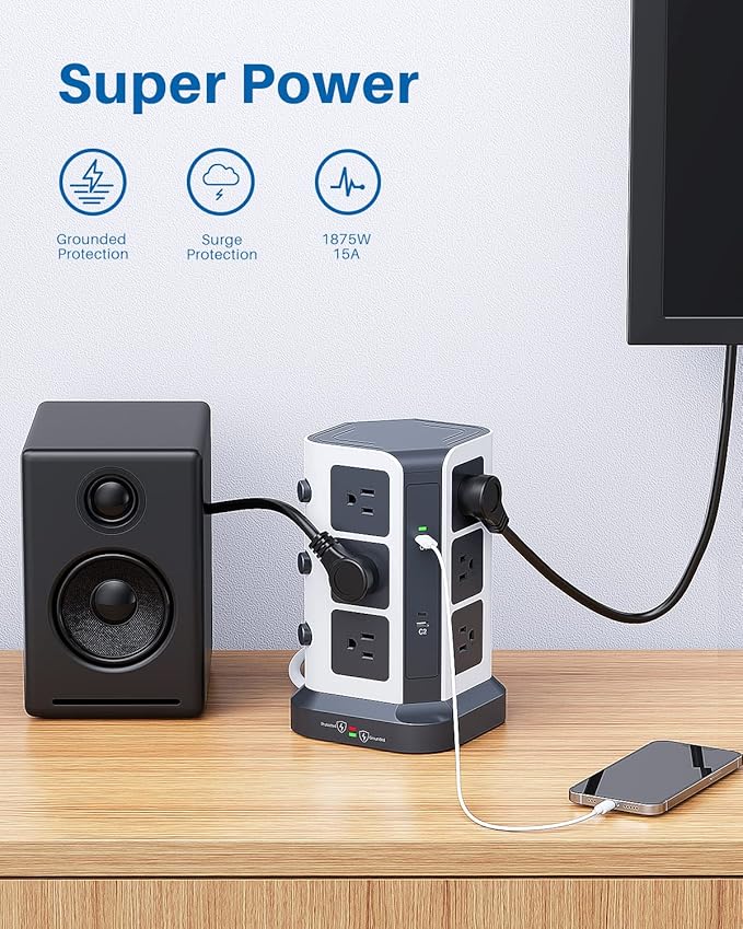 KOOSLA [65W] PD Power Strip Tower Surge Protector, USB C Desktop Charging Station with 12 Widely Spaced AC Outlets / 2 USB-C / 3 USB-A Ports, 6.5ft Heavy-Duty Extension Cord for Home Office Dorm