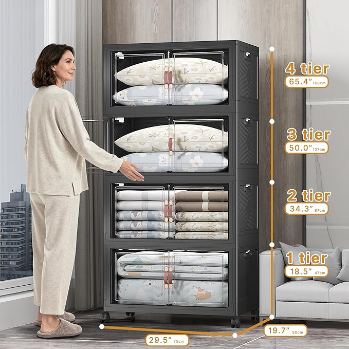 UAMFURI Extra Large Stackable Storage Bins with Lids & Wheels & Door, 1280QT-160QT/40GAL*8Pack Foldable Collapsible Closet Organizers, Plastic containers drawers for bedroom Dorm