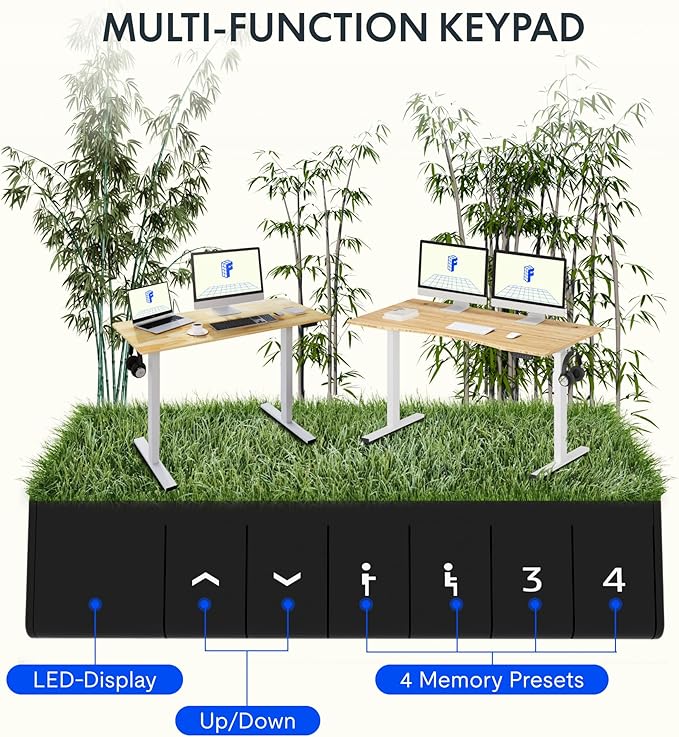 FLEXISPOT EN1 Bamboo Standing Desk, 60 x 30 Inches Whole-Piece Electric Adjustable Height Desk for Home Office (Black Frame + Bamboo Curved Desktop, 2 Packages)