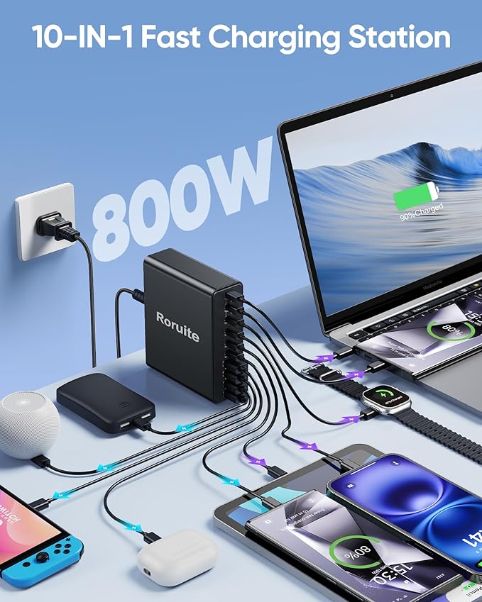800W USB C Charging Station, 120W PD GaN5 Super Fast USB C Charger Block-10 Port, Type C for PC Laptop MacBook Pro/Air Charger Compatible with iPhone 17 16 15 14 13 12 Pro Max, iPad, Galaxy (Black)