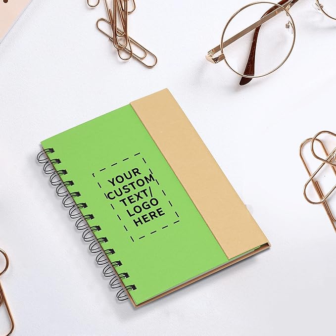 DISCOUNT PROMOS Custom Eco Friendly Spiral Notebooks with Pens Set of 50, Personalized Bulk Pack - Perfect for School, Office, Home - Green