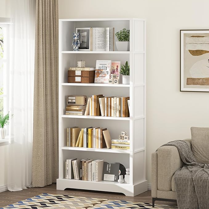 TVU 5-Tier Wooden Book shelf, 65"H × 31.5"W × 9.9“D Bookshelf with Storage, Floor-Standing Display Bookcase, Farmhouse Style Bookshelf with Arched Base, Suitable for Living Room, Study, Office, White