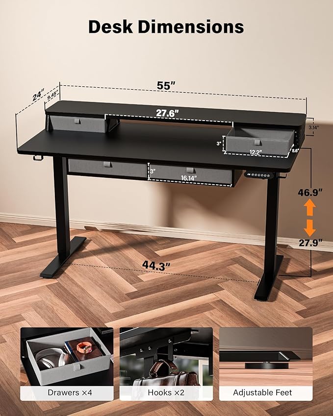 FiCiHi Electric Standing Desk with Four Drawers, Adjustable Height Sit Stand Desk, C-Clamp Compatible Home Office Desk with Storage Shelf & Monitor Stand Riser, 55 x 24 Inch, Classical Black