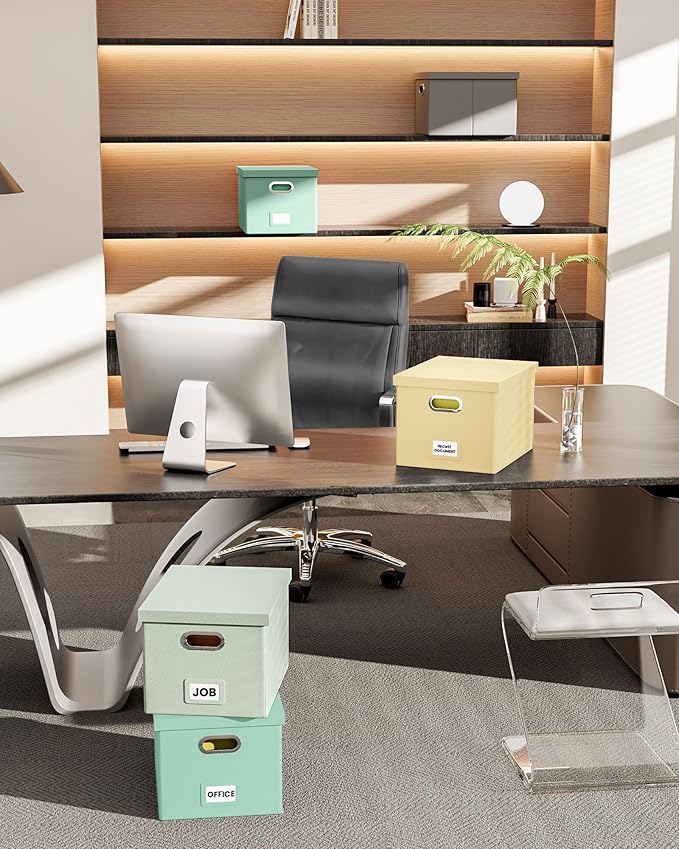 Oterri File Organizer Box,Filing Box with Lid,File Box for Letter/Legal File Folder Storage, Portable Hanging File Box for Office/Decor/Home,1 Pack, Grey-green(Leather),Box only, AM03118