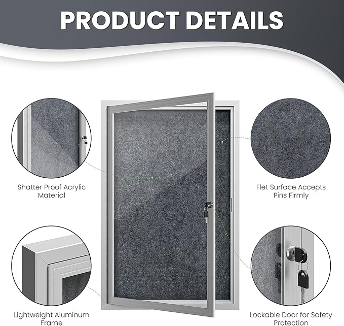 36"x24" Lockable Enclosed Bulletin Board, Outdoor Flet Weather-Resistant Aluminum Frame Notice Board, Wall Mounted Display Case Acrylic Doors for School,Office,Silver Frame w/Grey Flet