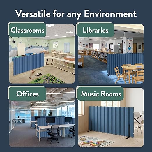 Angeles 30" x 10' Quiet Divider With Sound Dampening Panels, Freestanding Room Divider Wall, Blue