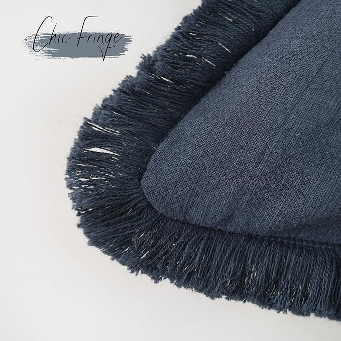 Foindtower Set of 2 Decorative Linen Fringe Lumbar Throw Pillow Covers Boho Farmhouse Cushion Cover with Tassels Soft Cozy Accent Pillowcase for Sofa Couch Living Room Home Decor,12×20 Inch,Navy Blue
