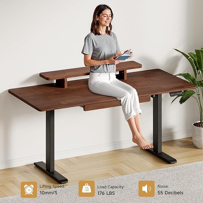 ONBRILL Standing Desk with Drawer, 47x23.6 Inches Solid Wood Desktop Stand Up Desk with Whole-Piece Board and Storage Shelf, Adjustable Height from 28-46 Inches for Home & Office, Black Walnut