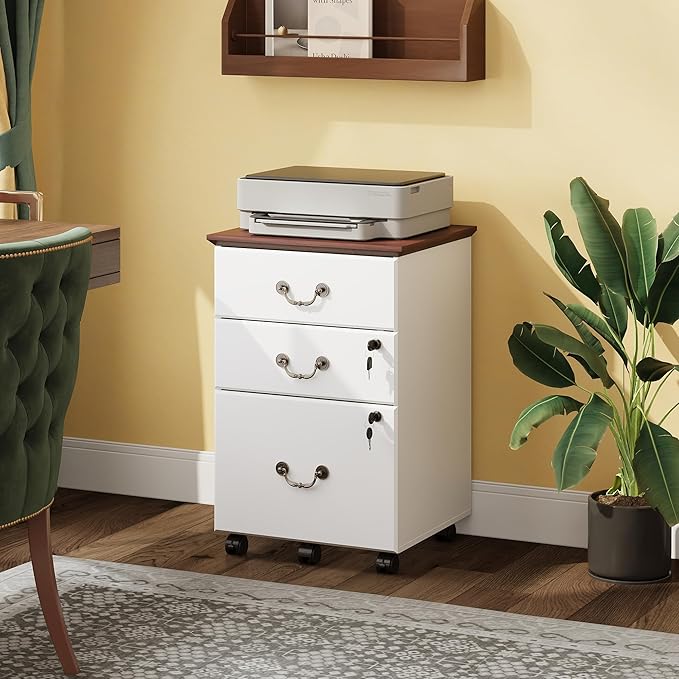 DEVAISE File Cabinet 3-Drawer, Small Office Furniture with Lock, Rolling Under Desk Filing Cabinet for Home Office, White