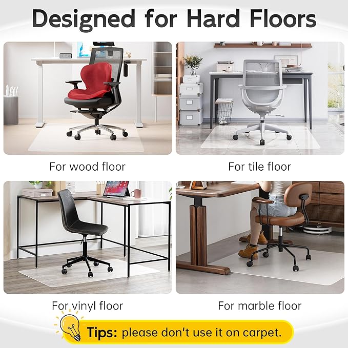 HOMEK Office Chair Mat for Hardwood Floor, 48” x 40” Crystal Clear Hard Floor Chair Mat, Transparent Floor Protector Mat Flat Without Curling