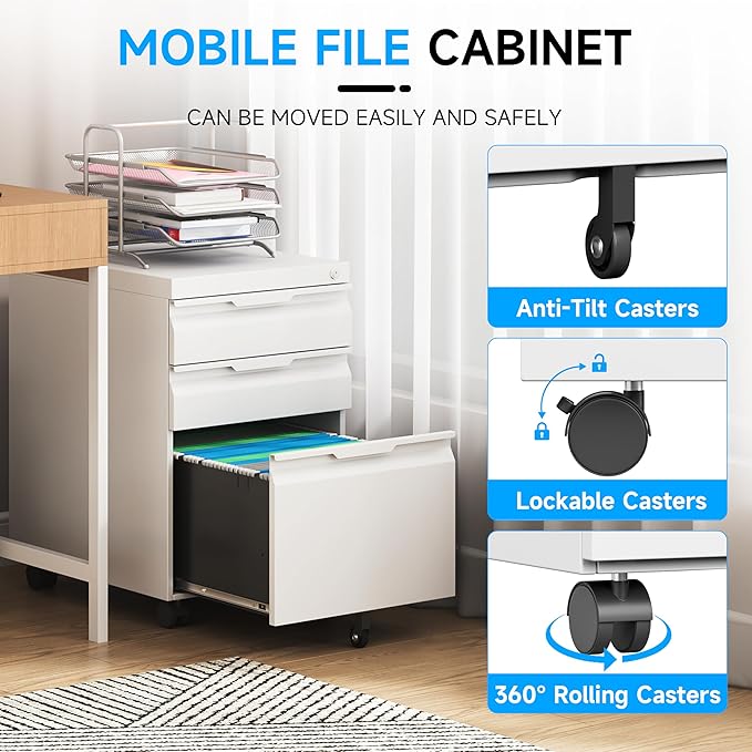 Bestoo 3-Drawer Mobile File Cabinet with Lock, Metal Filing Cabinet on Wheels for Home Office Under Desk, Fits File Folders, Letter/Legal/F4/A4 Size, Assembly Required (White)