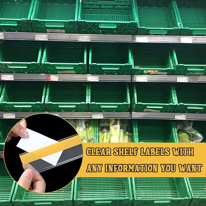 Fainne 50 Pcs 1.25 Inch Shelf Label Strip Holders Plastic Wire Shelf Price Tag Holder Self Adhesive Clear PVC Front and Back Labels Strip for Gondola Price Tag Wood Metal Rack, 48 Inches Long