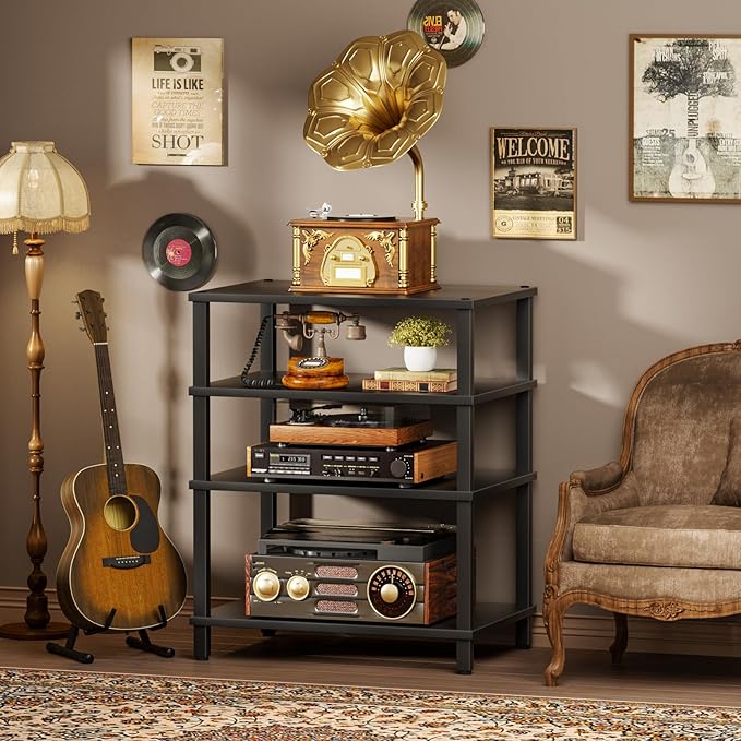 4-Tier AV Media Player Stand, Black Stereo Cabinet, Modern Stereo Cabinet, Wooden TV Stand,Game Console Shelf, Multifunctional Entertainment Center, Suitable for Home, Conference Room, Game Studio