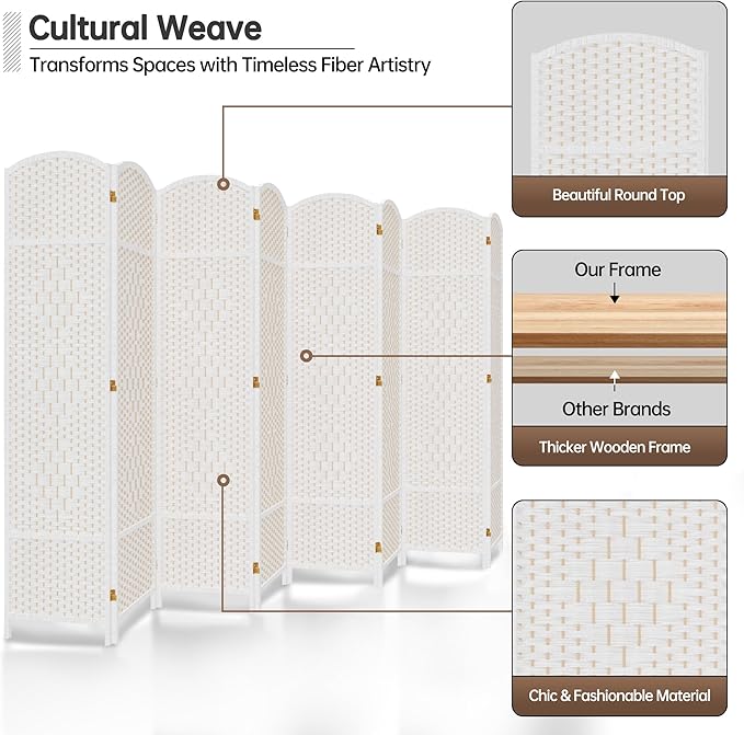 DURASPACE 8 Panel Room Divider, 6ft Tall Folding Privacy Screen, 19.5" Wide Panels, 360°Rotation, Hand-Woven Freestanding Wood Partition for Room Separation