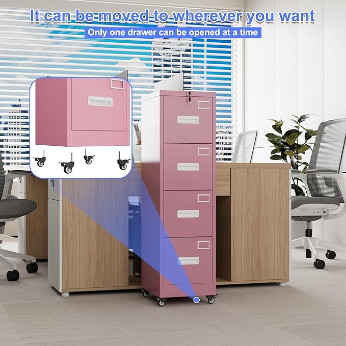 METAN 4 Drawer File Cabinet on Wheels, Lockable Metal Filing Cabinet with Handle and Name Card for Office Home,Assembly Required,Pink