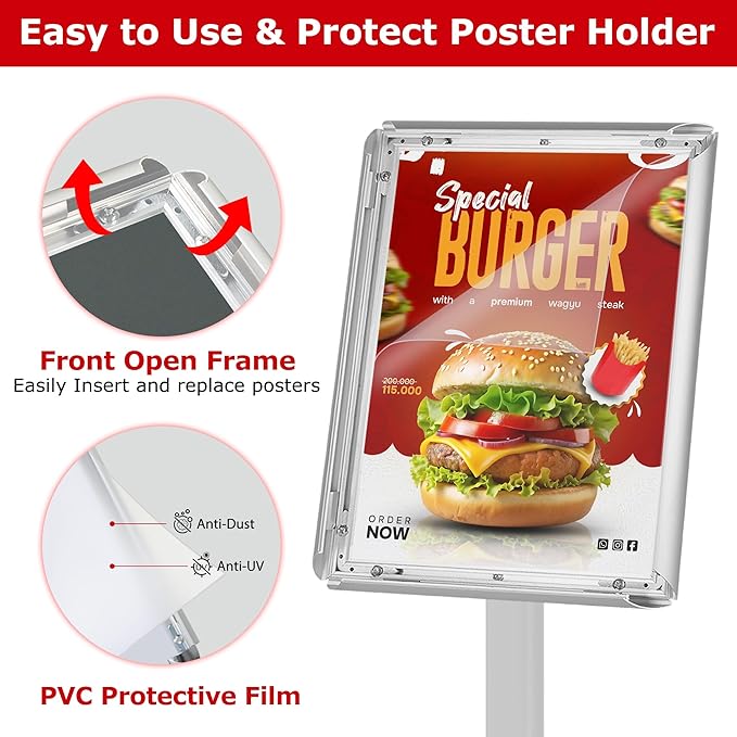 VAIIGO 3 Pack Heavy Duty Standing Sign Holder 8.5x11 Inch - Pedestal Floor Sign Stand with Weighted Base - Vertical & Horizontal Poster/Menu Display Stands for Indoor/Outdoor Advertising, Silver
