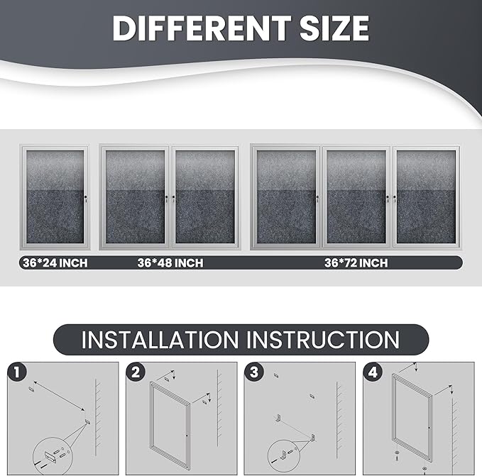 36"x24" Lockable Enclosed Bulletin Board, Outdoor Flet Weather-Resistant Aluminum Frame Notice Board, Wall Mounted Display Case Acrylic Doors for School,Office,Silver Frame w/Grey Flet